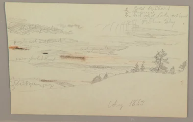 Teckning, Trädbevuxen sluttning, bergslandskap, 1863