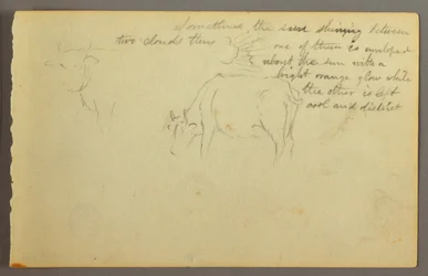 Teckning, strålar mellan moln, bullar, möjligen 1877