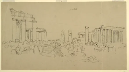 Utsikt över Parthenon och omgivande ruinfragment från väst, Aten, Grekland