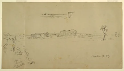 Utsikt över basilikan och templet Neptunus, Paestum, Italien
