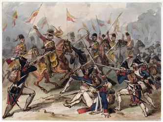 Franskt infanteri och ryska husarer i strid vid Austerlitz - Franskt infanteri och ryska husarer i strid vid Austerlitz - Goupil-Fesquet, Frederic (1817-1878) - Akvarell på papper - 21,2x28,6 - Privat samling
