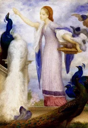 Ung flicka som matar påfåglar. Hon är klädd i antik stil. Målning av Lord Frederic Leighton (1830-1896) (prerafaelitisk)