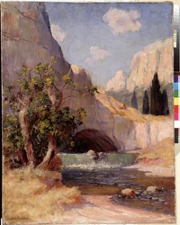 Vy över Fontaine du Vaucluse landskapet i Provence. Målning av Frederic Montenard (1849-1926) Dim. 65x50,5 cm Obligatoriskt omnämnande: Collection fondation regards de Provence, Marseille