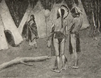Och hennes älskare, de avvisade,... Vackra män med färg och fjädrar, ur Hiawatas sång av Henry Wadsworth Longfellow (1807-82), utgiven av George G. Harrap und Company Ltd., 1911.