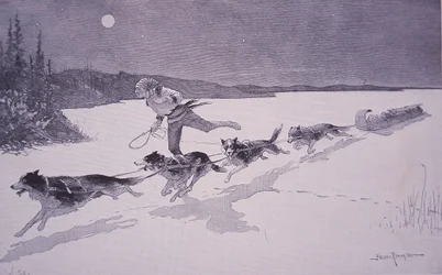 Fransk pälsfångare i Kanada med huskyhundar på frusen sjö