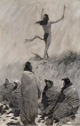 Eldätaren höjde sina armar mot åskfågeln, ca. 1900.