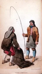 The Coal Porters från Ackermanns World in Miniature, 1800-talet (färgad litho)