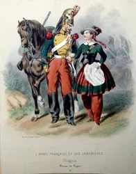 The French Armee and its Cantinieres: A Dragon and a Cantiniere Lithography av Frederic Sorrieu (1807-?) 1800-talets Paris, dekorativ konst