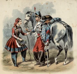 Den franska armén och dess cantinieres: Hussard och cantiniere de troupe de line. Gravyr av Frederic Sorrieu (1807 -? )