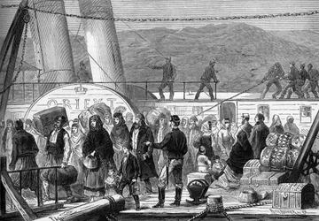 Östkriget (1875-1878), även känt som det rysk-turkiska kriget: På Donau, landning vid Baziarch för de flyktiga judiska familjerna Rustchuck och Widdin i maj 1877 (gravyr)