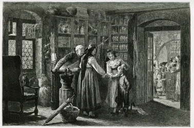 På apoteket i byn Kaysersberg (eller Kaisersberg, Alsace), en akut konsultation. Gravyr av F.Lix, för att illustrera berättelsen "Genom Alsace och Lorraine", 1884, av Charles Grad (1842-1890), tysk deputerad, författare och naturforskare. Pub