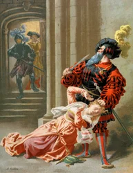 Blåskägg försöker döda sin fru, ca 1890 (illustration)