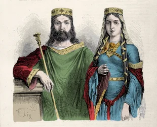 Klodvig (481-511), frankernas kung, med sin andra hustru, den heliga Clothilde (Clothilde), drottning. Gravyr av Lix.