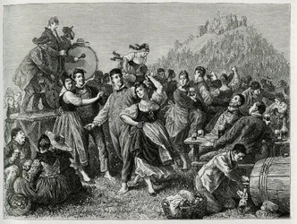 Fete des patres vid Hohneck (Vosges), söndag efter Saint John. Gravyr av F.Lix, för att illustrera berättelsen "Genom Alsace och Lorraine", 1884, av Charles Grad (1842-1890), tysk deputerad, författare och naturforskare. Publicerad i Le Tour du monde, nouv