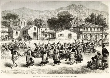 Folkdans på bytorget Haggia Anna (St. Anne). Gravyr efter ritningen av Lix, för att illustrera resan i Grekland, av Henri Belle, 1861-1868-1874, publicerad i "" Le tour du monde""" 1876, redigerad av Edouard Charton, Hachette-upplagan, Paris