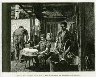 Inne i en ostfabrik. Gravyr av Lix, för att illustrera berättelsen A Through Alsace and Lorraine, av Charles Grad, tysk deputerad, 1885, i tour du monde 1887, under ledning av Edouard Charton (1807-1890), Hachette, Paris.