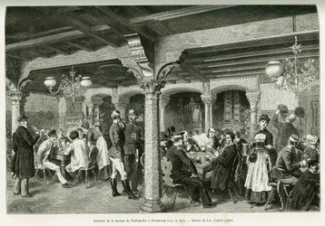 Interiör av Tiefenkeller tavern i Strasbourg. Gravyr av Lix, för att illustrera berättelsen A Through Alsace and Lorraine, 1887, av Charles Grad, tysk deputerad, i tour du monde 1888, regisserad av Edouard Charton (1807-1890), Hachette, Paris.