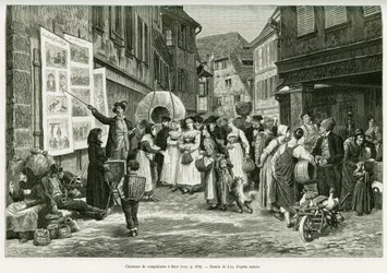Beklaga sångare på gatorna i Barr. Gravyr av Lix, för att illustrera berättelsen A Through Alsace and Lorraine, 1887, av Charles Grad, tysk deputerad, i tour du monde 1888, regisserad av Edouard Charton (1807-1890), Hachette, Paris.