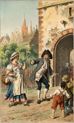 Populär låt: "A Paris y a-t-une dame"". En man gör narr av en piga så ansiktet är täckt med polish. Illustration av Frederic Theodore Lix (1830-1897) i "" Chansons et rounds enfantines des provinces de la France""