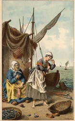 Populär sång: "" Musselfiske"" Illustration av Frederic Theodore Lix (1830-1897). Frontispice av "Barnsånger och rundor i Frankrikes provinser"