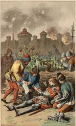 Populär låt: "It was the Grand Duke of Maine"". Hertigen av Maines död, genomborrad av en pil. Illustration av Frederic Theodore Lix (1830-1897) i "" Chansons et rounds enfantines des provinces de la France""