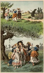 Populär låt: "We were three girls"". Illustration av Frederic Theodore Lix (1830-1897) i ""Barnsånger och rundor från Frankrikes provinser""
