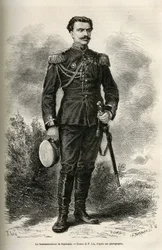 Porträtt av resenären och berättaren överstelöjtnant av Prjewalski, teckning av F.Lix för att illustrera resan till Mongoliet och Tanguternas land från 1870 till 1873, av överstelöjtnant av Prjewalski. Gravyr i Le tour du monde