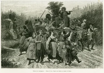 Återkomst av skörden. Gravyr av Lix, för att illustrera berättelsen A Through Alsace and Lorraine, 1887, av Charles Grad, tysk deputerad, i tour du monde 1888, regisserad av Edouard Charton (1807-1890), Hachette, Paris.