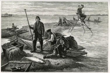 Laxfiske. Gravyr av F.Lix, för att illustrera berättelsen "Genom Alsace och Lorraine", 1884, av Charles Grad (1842-1890), tysk deputerad, författare och naturforskare. Publicerad i Le Tour du monde, nouveau journal des voyages, 2:a terminen 1885, redigerad