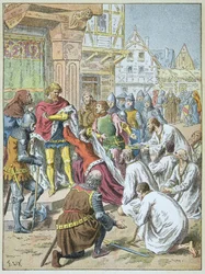 Belägring av Calais av Edvard III 1346 - 1347. Drottning Philippa de Hainaut bad sin brudgum att ge borgaren i Calais.