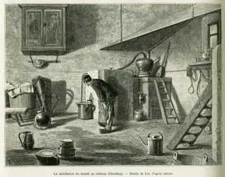 Destillationen av kirsch på slottet Isenburg. Gravyr av Lix, för att illustrera berättelsen A Through Alsace and Lorraine, 1887, av Charles Grad, tysk deputerad, i tour du monde 1888, regisserad av Edouard Charton (1807-1890), Hachette, Paris.