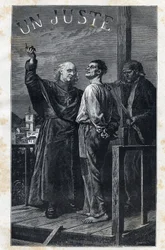 Evenemanget Myriel åtföljer en dödsdom som klättrar på ställningen - Illustration av Frederic Theodore Lix (1830-1897) för "The Miserables - First Part: Fantine" av Victor Hugo (1802-1885) 1862