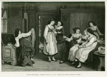 Den gamla Alsace dräkten. Gravyr av Lix, efter en målning Present de Noces av Pabst, för att illustrera berättelsen A Through Alsace and Lorraine, av Charles Grad, tysk deputerad, 1885, i tour du monde 1887, under ledning av Edouard Charton (1807)