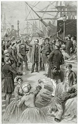 Victor Hugo hyllar en universell republik under ett tal i exil den 1 augusti 1852, 1800-talet (bw-gravyr)