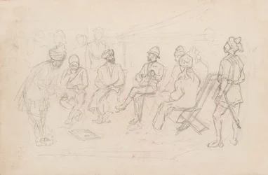 "Mötet mellan Cavagnari och Khan of Lalpura i Dakka i februari 1879" (penna)