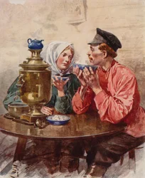 En maträtt med te från en samovar