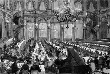 Middagskonsert i festsalen på Grand Hotel de Paris. Gravyr av De Haenen i ""The Illustrous World"" nr 1250 av 12 mars 1881.
