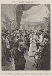 Tsarens kröning, tsarens och tsarinnans ankomst till Moskva med deras lilla dotter, storhertiginnan Olga, och deras barn.