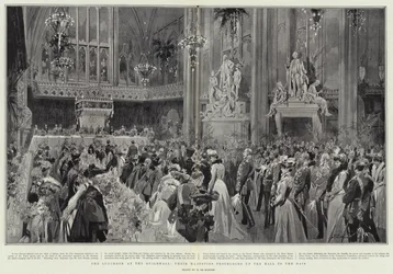 Lunchen i Guildhall, deras majestäter fortsätter uppför hallen till Dais