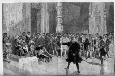 Teaterframställning: "Kungen har roligt" av Victor Hugo (1808-1883). Akt I scen 5: ett rum på Louvren, förbannelsen. M. de Saint Vallier (Saint-Vallier) före kung Francois I (Mounet Sully (eller Mounet Sully) 1841-1916) och gycklaren Triboulet (Edmond)