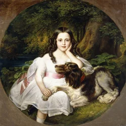En ung flicka vilar i ett landskap med sin hund,