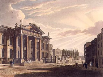 Exteriör av Clarendon Printing House, illustration från "Historien om Oxford", graverad av puben Joseph Constantine Stadler (fl.1780-1812). av R. Ackermann