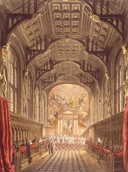 Chapel of All Souls College, illustration från "Historien av Oxford, graverad av Joseph Constantine Stadler (fl.1780-1812) pub. av R. Ackermann