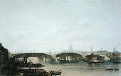 A View of the Southwark Bridge som den såg ut i maj 1818, graverad av W. Bennett efter en teckning av originalet av W.H. Timms