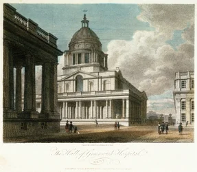 Vy över Greenwich Hospital (Kent, England), beskrivning av kupolen och det nordöstra hörnet av kung Vilhelms (William) gård, med hallens norra fasad målad bakom, och med en del av drottning Marys gård och kapell