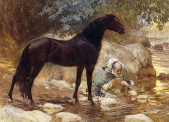 En arab som vattnar sin häst vid en flod, ca 1890-1900