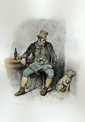 Bill Sykes och hans hund, från "Charles Dickens: A Gossip about his Life", av Thomas Archer, publicerad ca 1894 (litho) (senare färg)