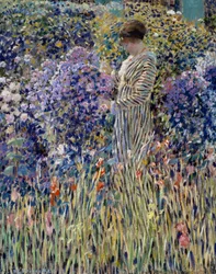 Kvinna i trädgården, cirka 1912, målning av Frederick Carl Frieseke (1874-1939), olja på duk, 81x65 cm