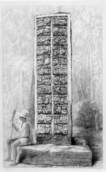 Hieroglyfer på baksidan av ett monument i Copán, Honduras, ur volym I av «Incidents of Travel in Central America, Chiapas and Yucatan» av Frederick Catherwood och John Lloyd Stephens, utgiven 1842