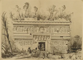 Las Monjas, Chichen Itza, Yucatan, 1843 (sepia bläck & tvätt på vävt papper)